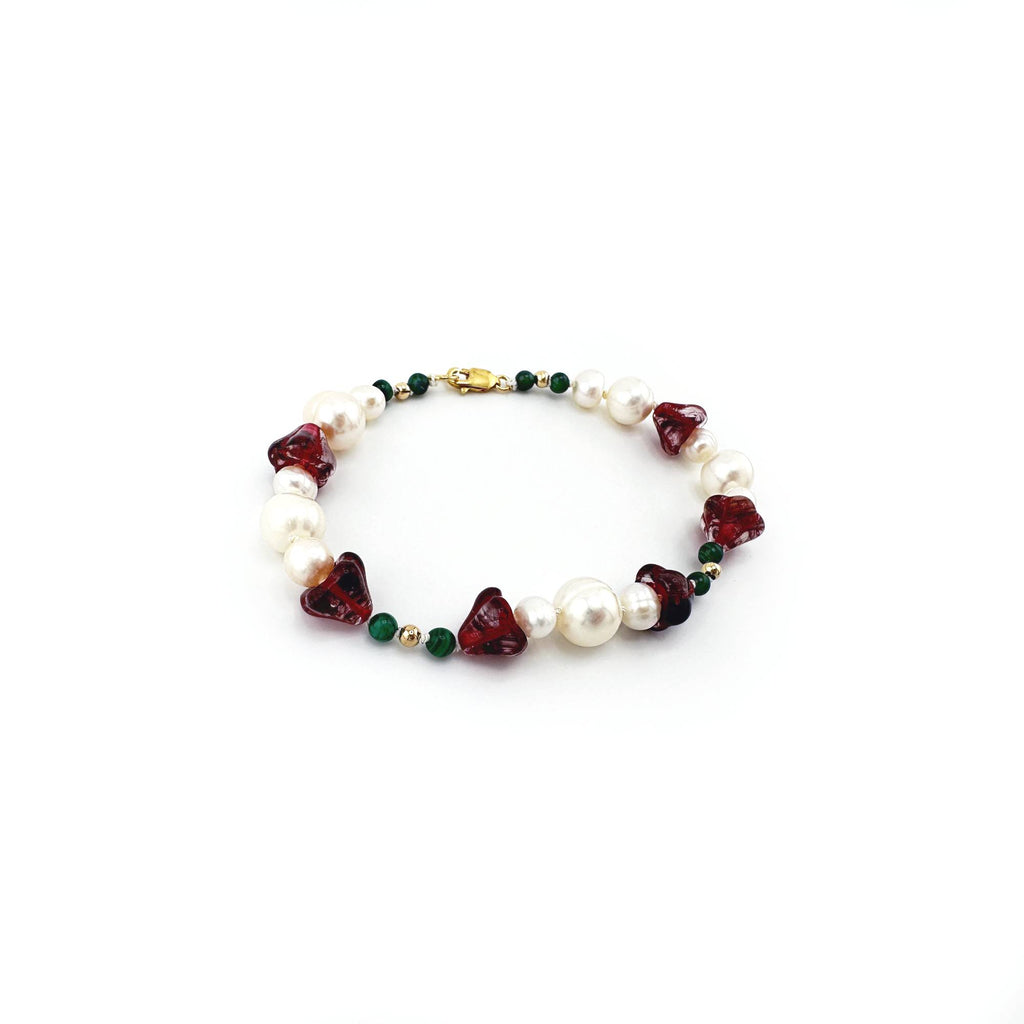 Amaryllis Pearl Bracelet with Malachite and Gold Filled Beads