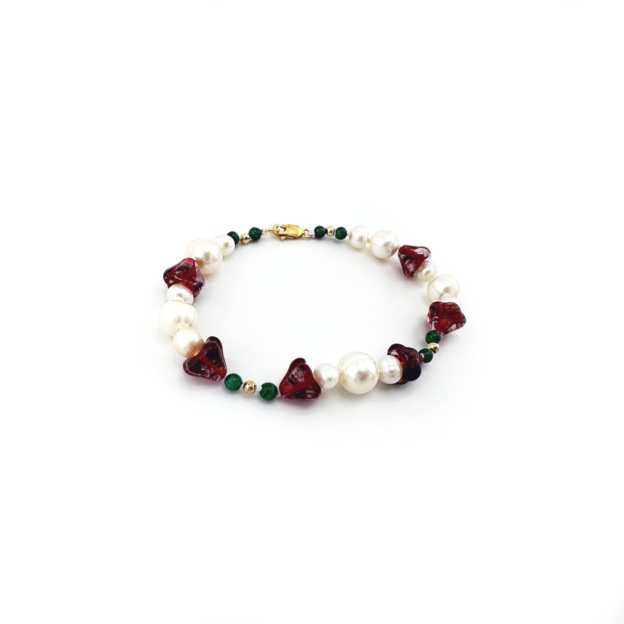 Amaryllis Pearl Bracelet with Malachite and Gold Filled Beads