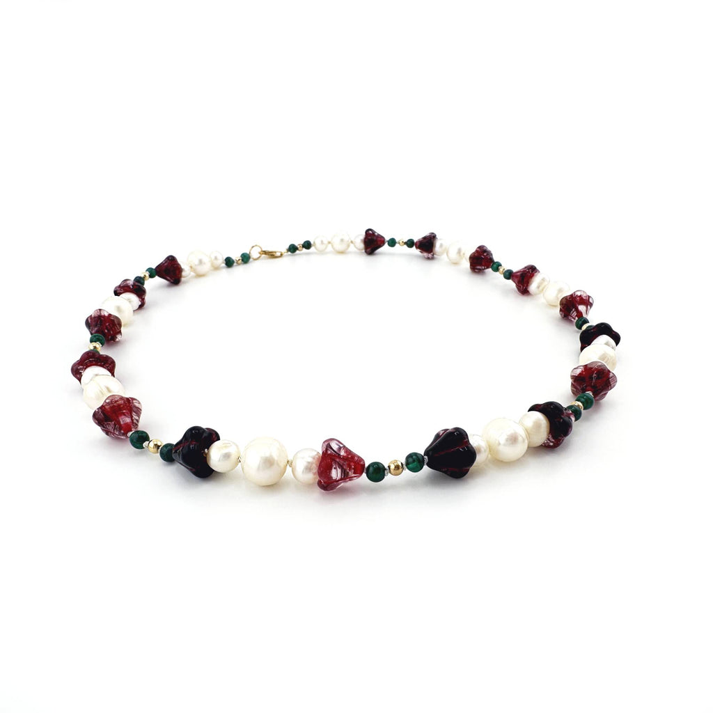 Amaryllis Pearl Necklace with Malachite and Gold Filled Beads