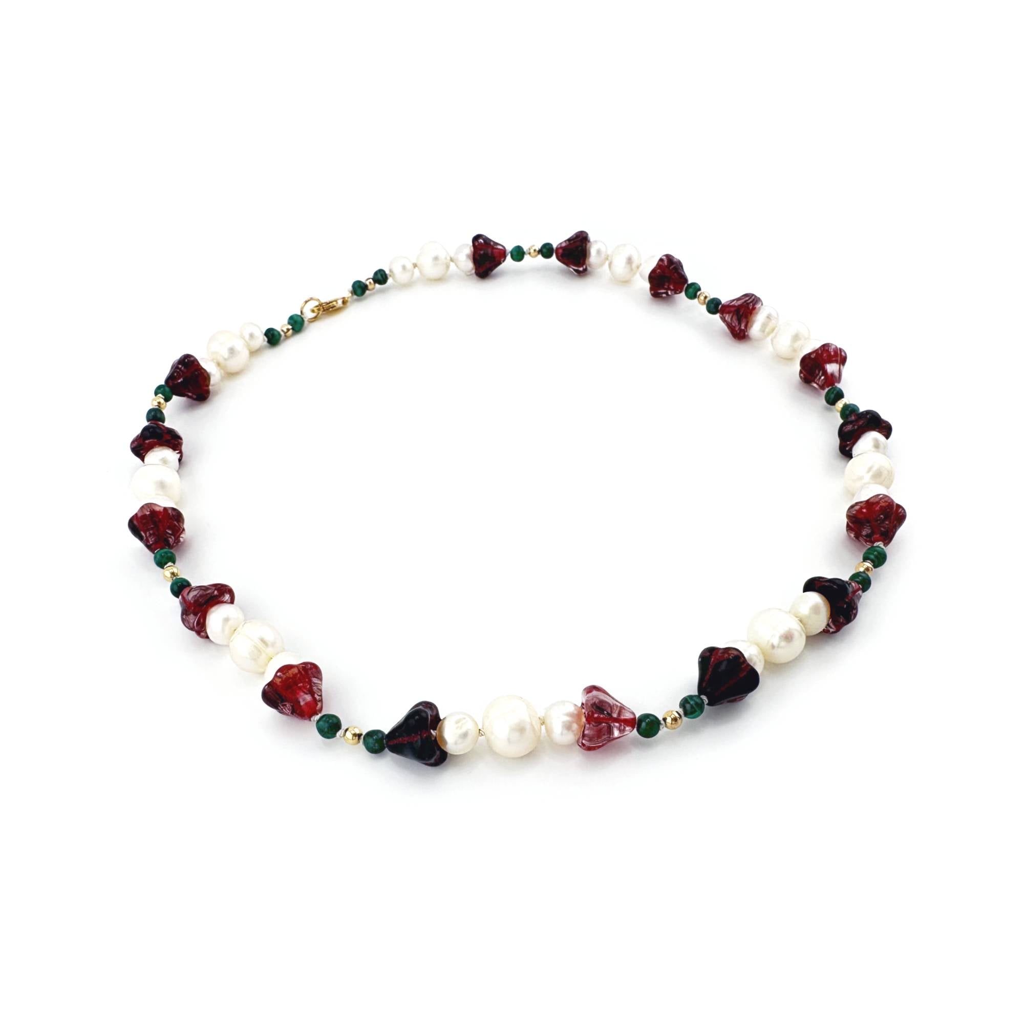Amaryllis Pearl Necklace with Malachite and Gold Filled Beads