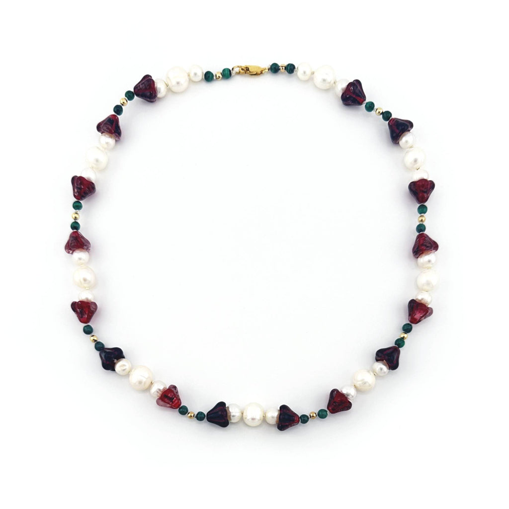 Amaryllis Pearl Necklace with Malachite and Gold Filled Beads
