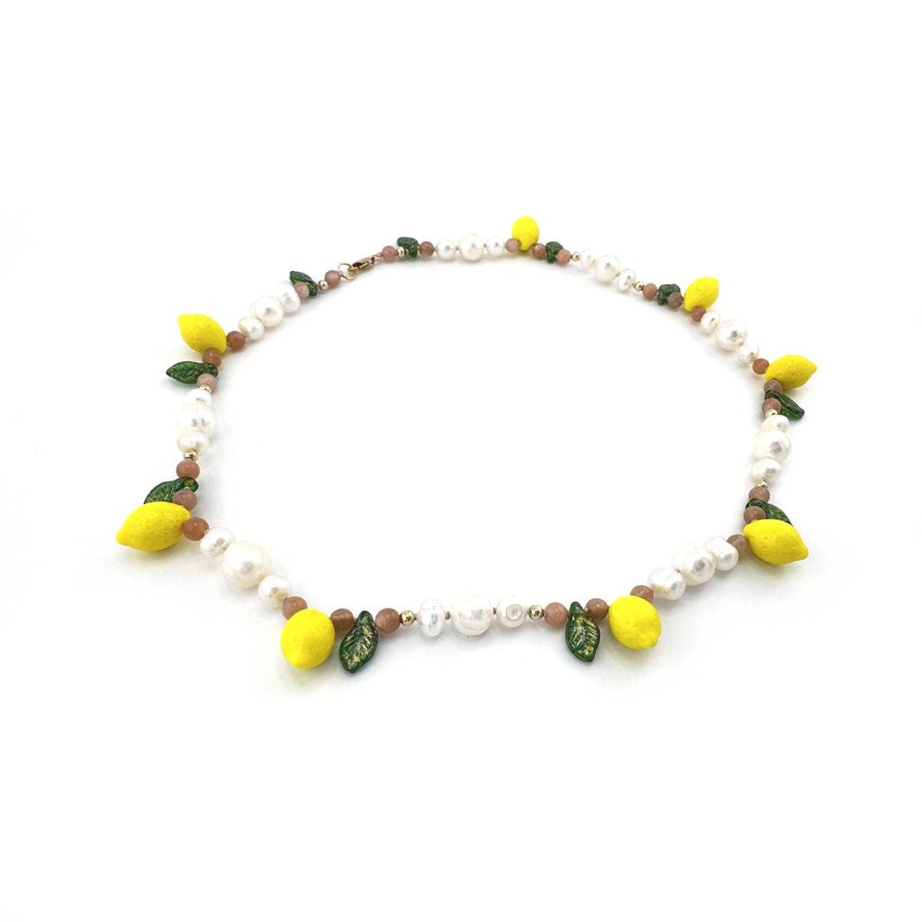 Lemon Pearl Necklace with Pink Moonstone