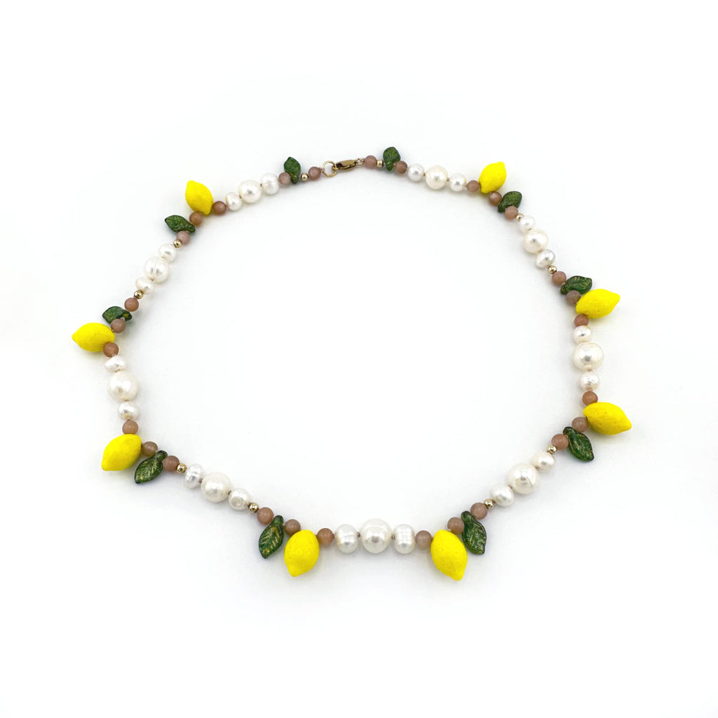 Lemon Pearl Necklace with Pink Moonstone