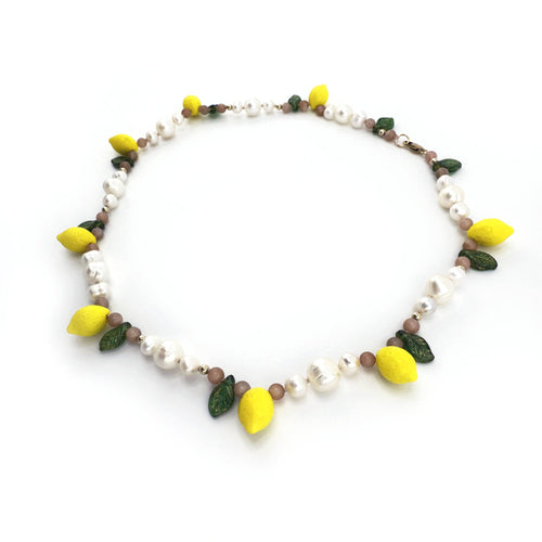 Lemon Pearl Necklace with Pink Moonstone