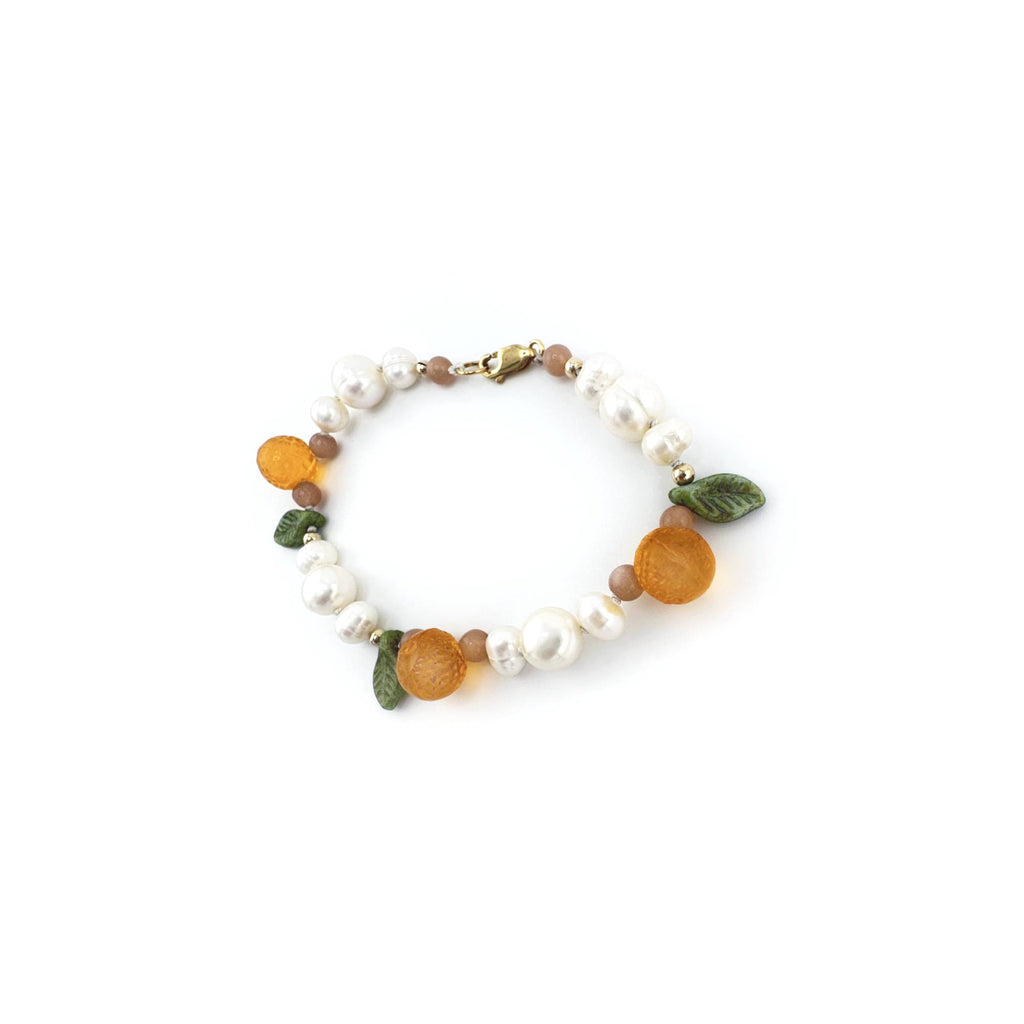 Orange and Pearl Bracelet with Pink Moonstone and Gold Filled Beads