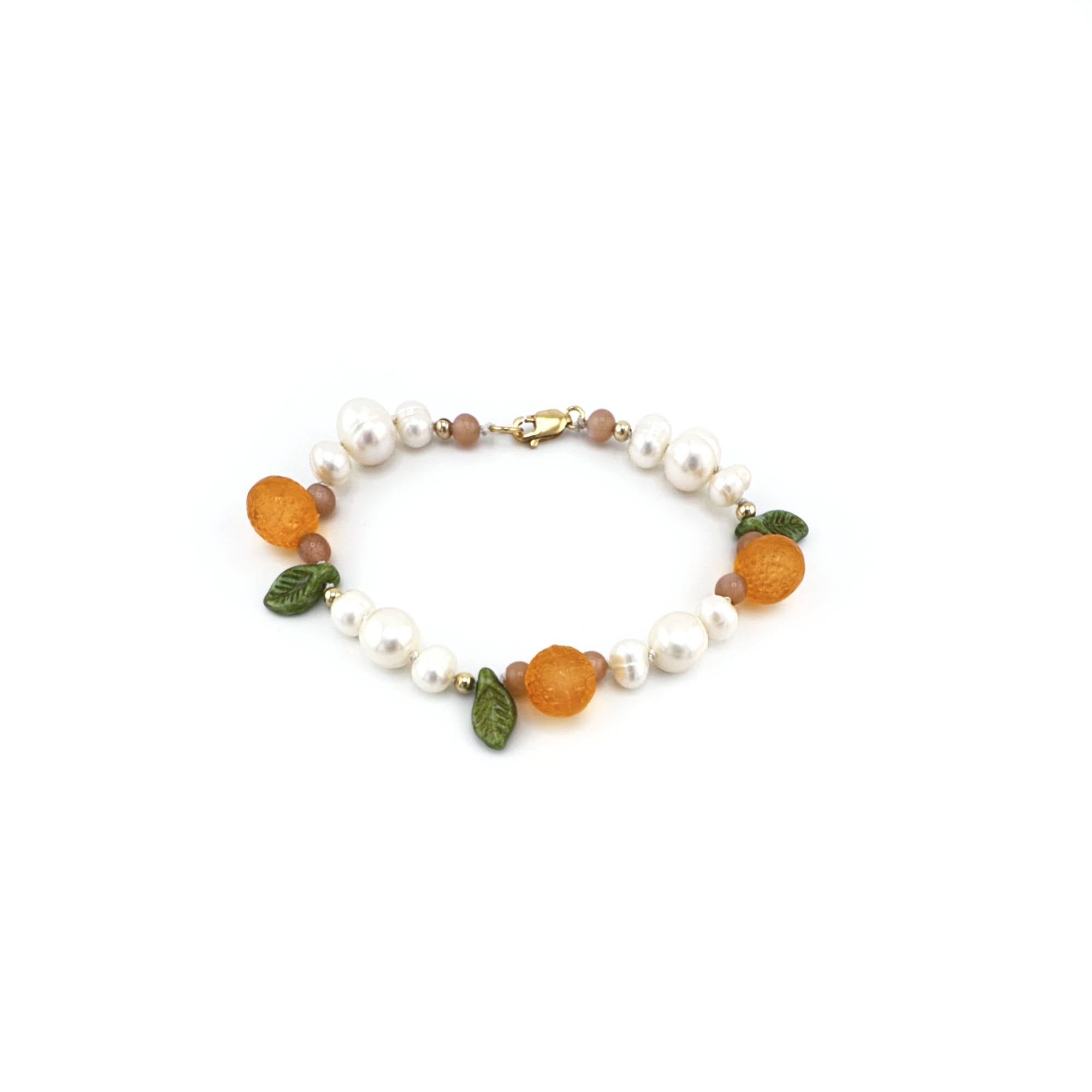 Orange and Pearl Bracelet with Pink Moonstone and Gold Filled Beads