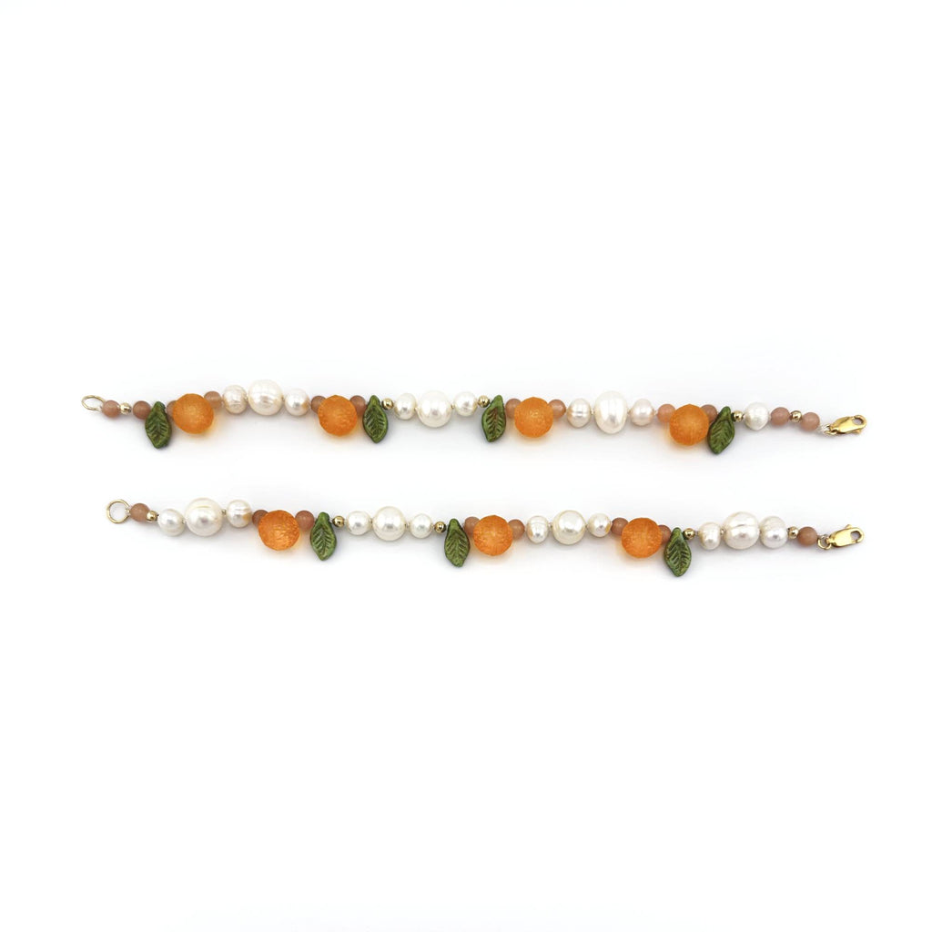 Orange and Pearl Bracelet with Pink Moonstone and Gold Filled Beads