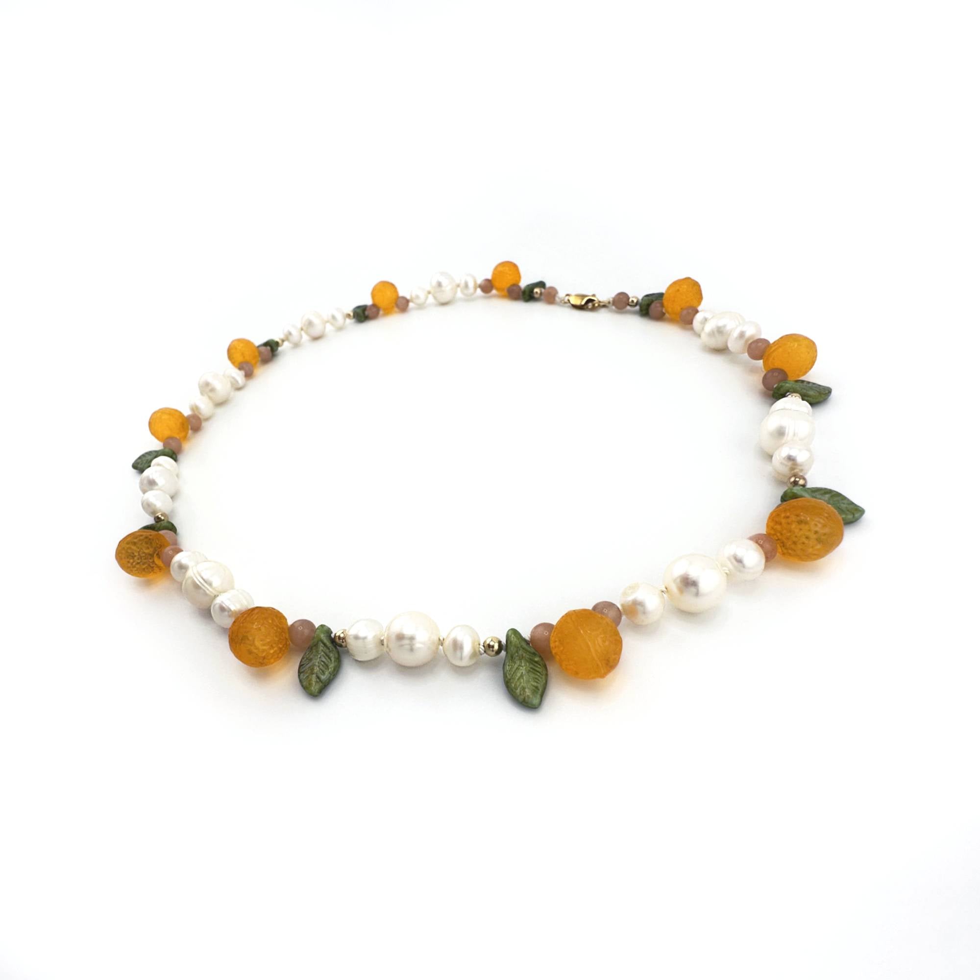 Orange Pearl Necklace with Pink Moonstone and Gold Filled Beads