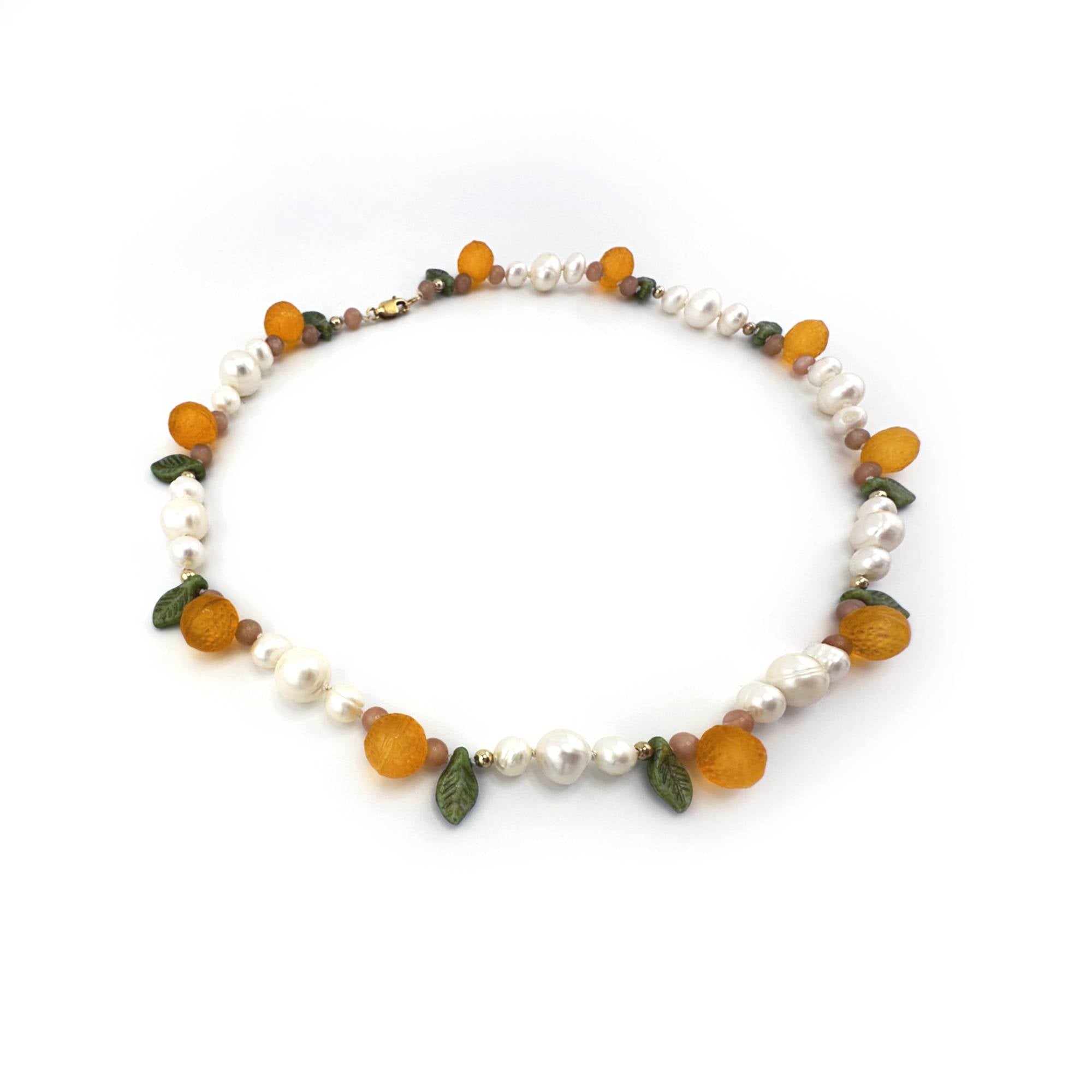 Orange Pearl Necklace with Pink Moonstone and Gold Filled Beads