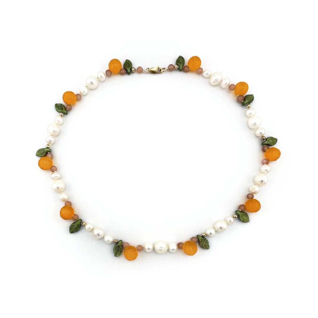 Orange Pearl Necklace with Pink Moonstone and Gold Filled Beads