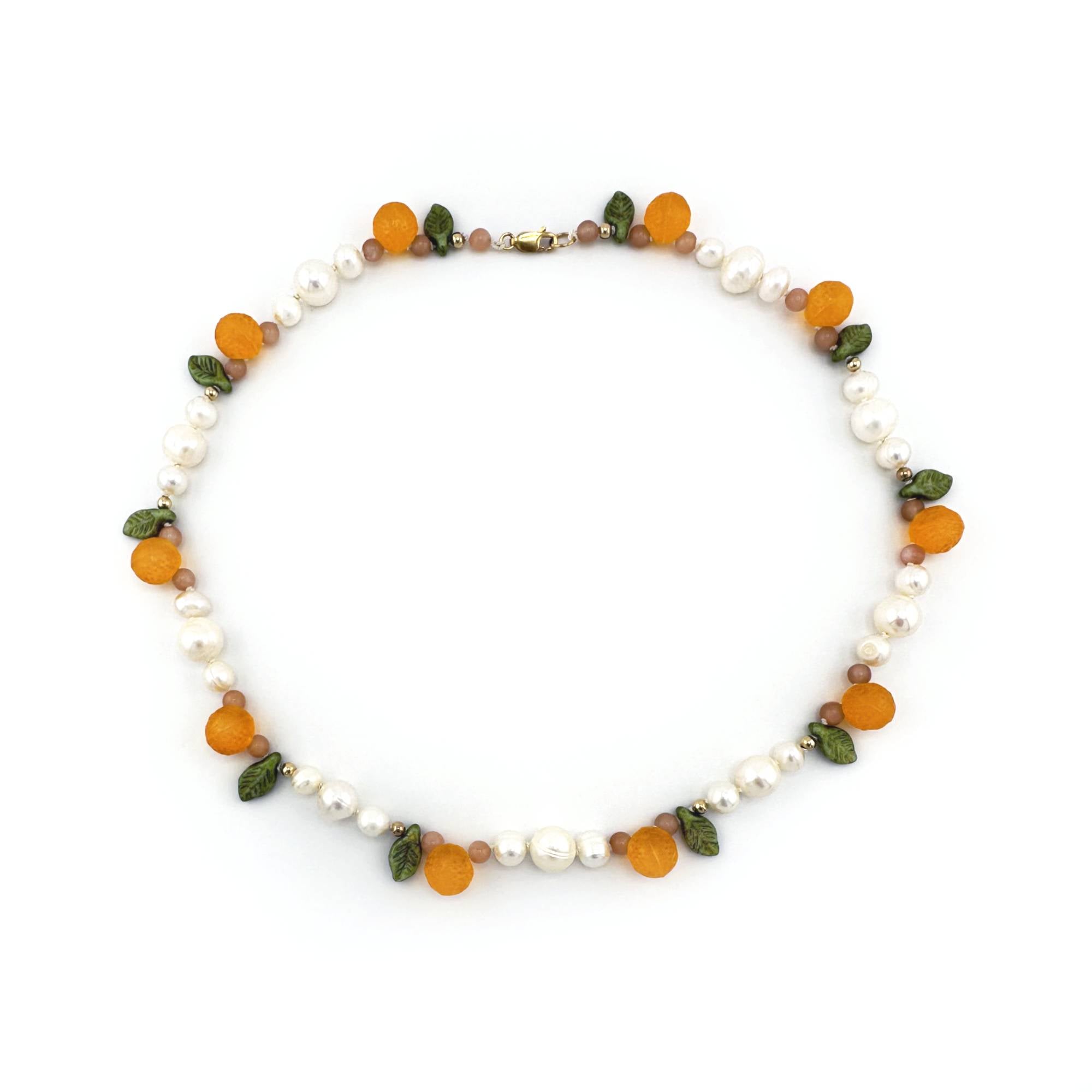 Orange Pearl Necklace with Pink Moonstone and Gold Filled Beads