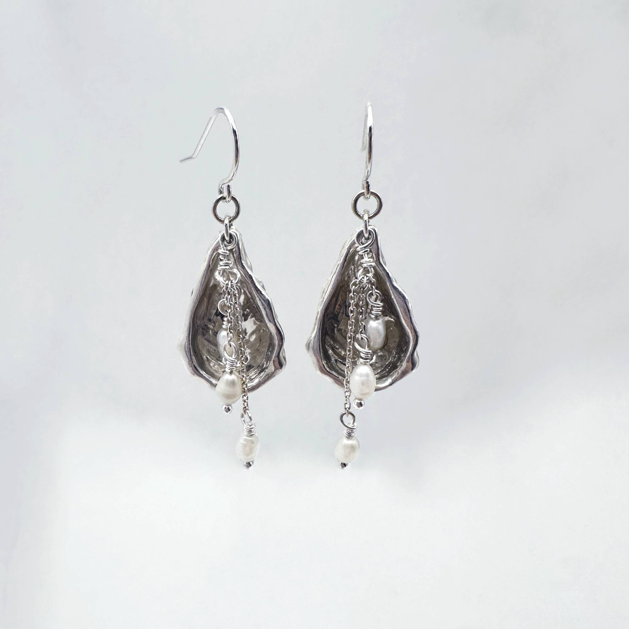 Oyster Shell Cascading Drop Earrings with Freshwater Seed Pearls