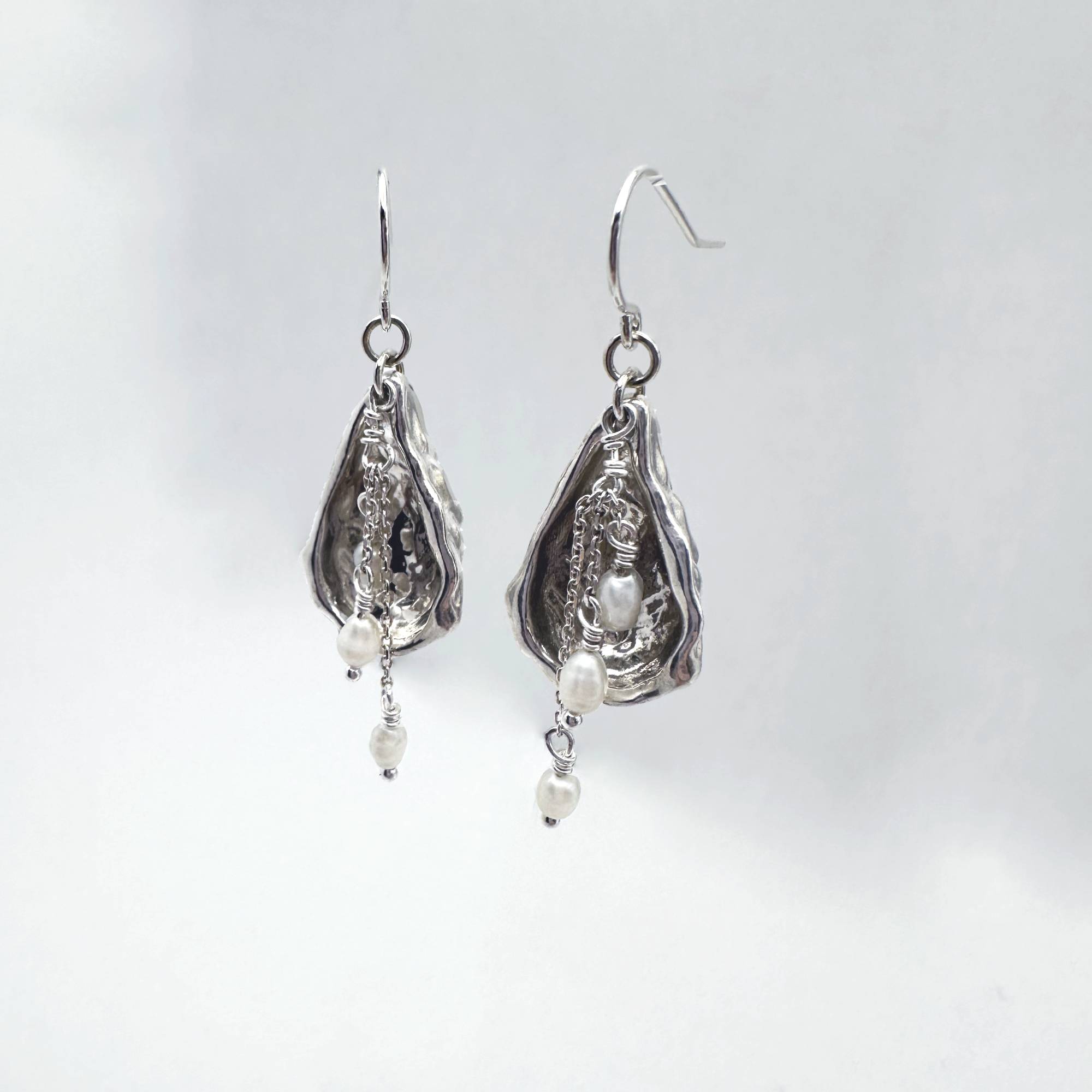 Oyster Shell Cascading Drop Earrings with Freshwater Seed Pearls