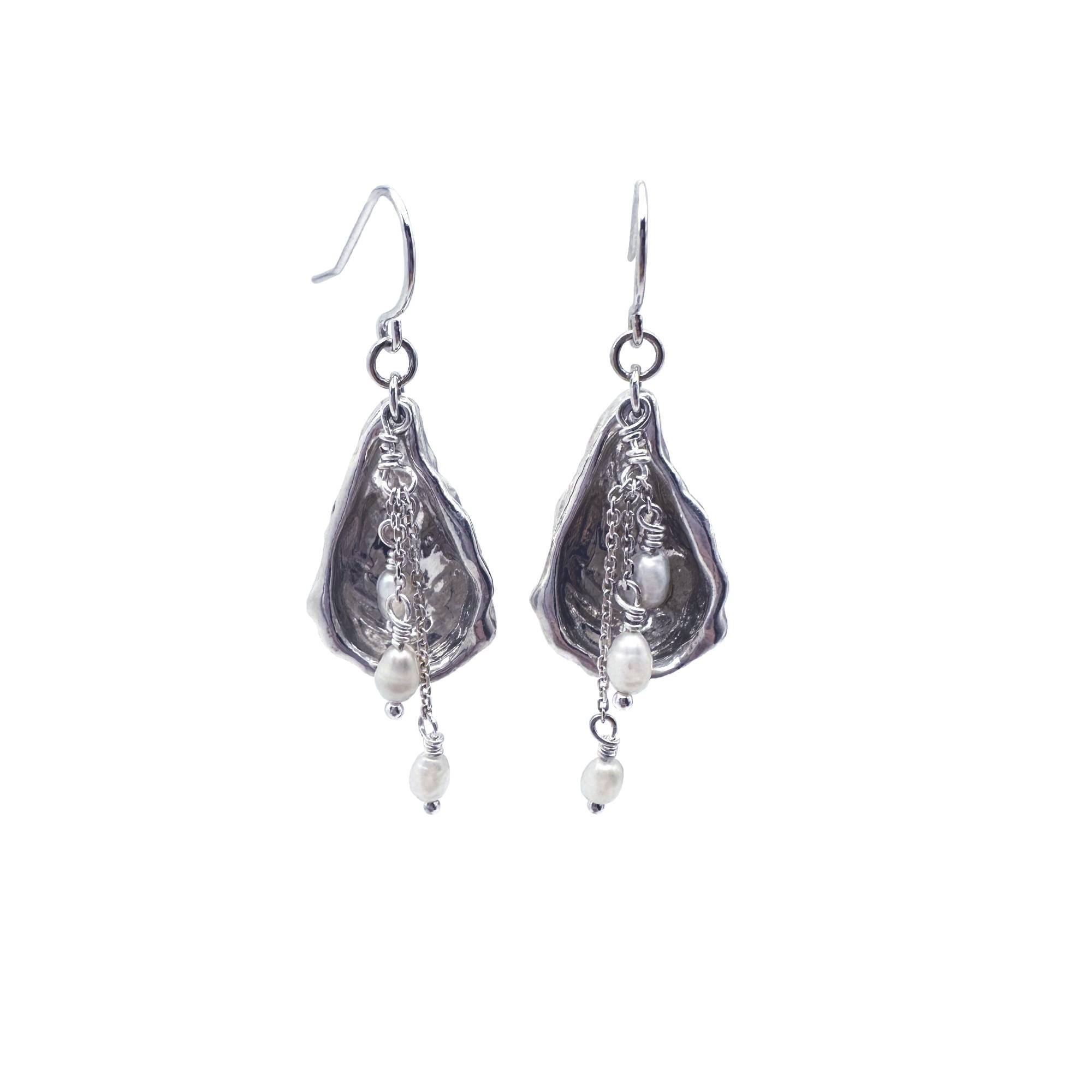 Oyster Shell Cascading Drop Earrings with Freshwater Seed Pearls