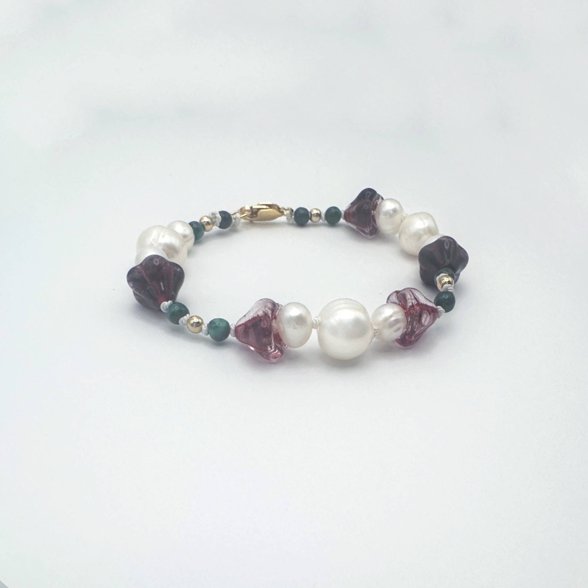 Amaryllis Pearl Bracelet with Malachite and Gold Filled Beads