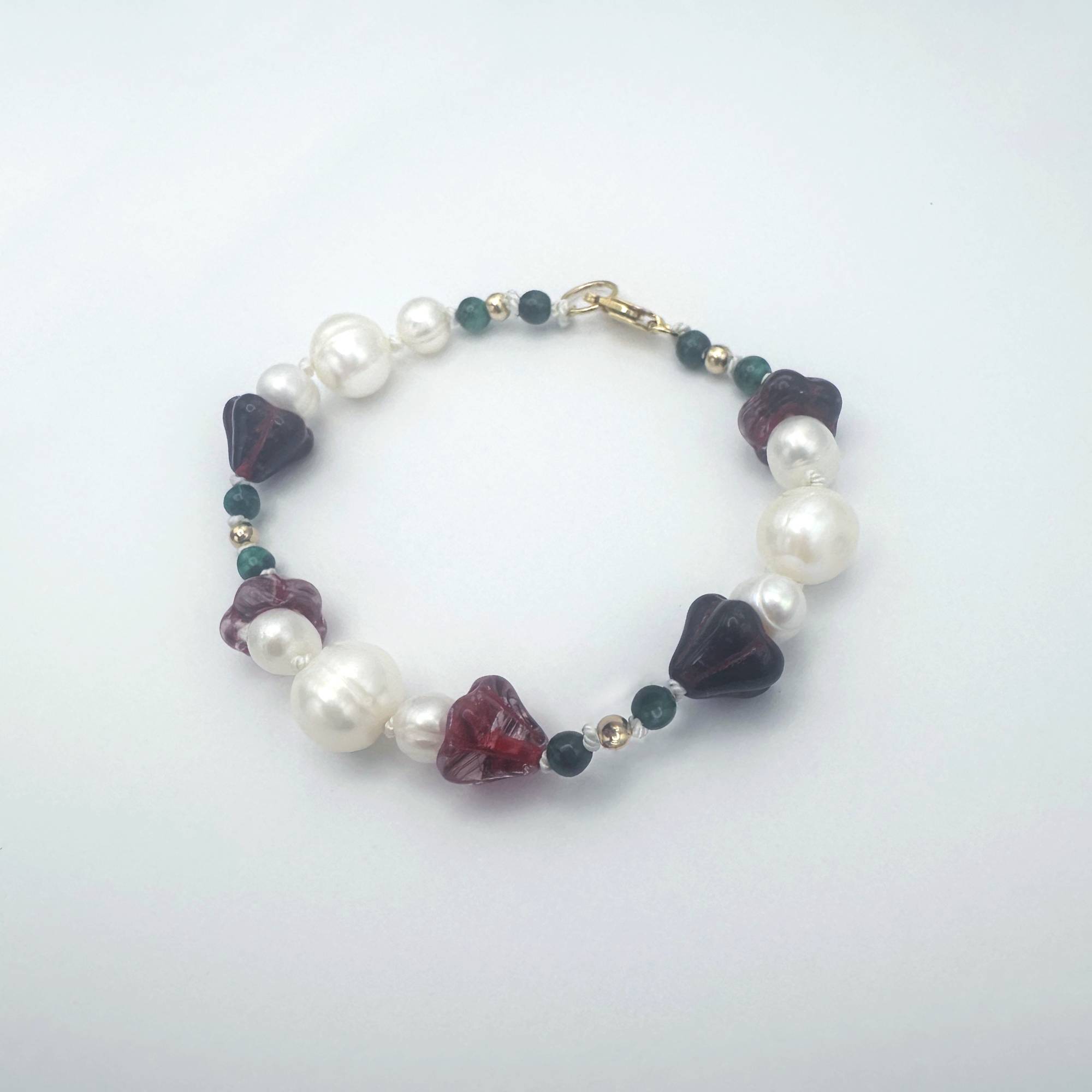 Amaryllis Pearl Bracelet with Malachite and Gold Filled Beads