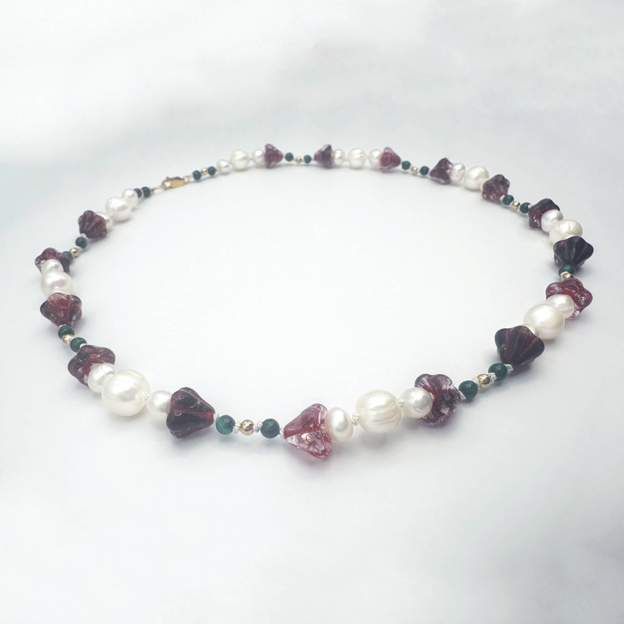 Amaryllis Pearl Necklace with Malachite and Gold Filled Beads
