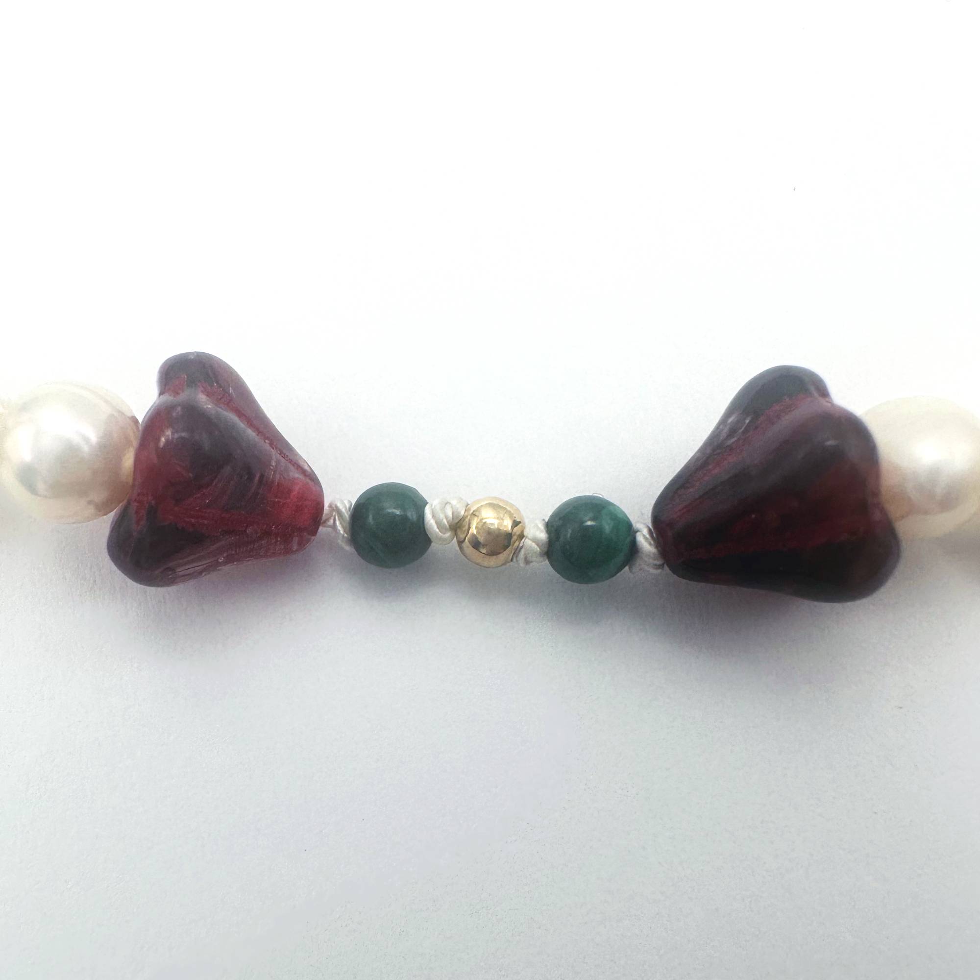 Amaryllis Pearl Necklace with Malachite and Gold Filled Beads