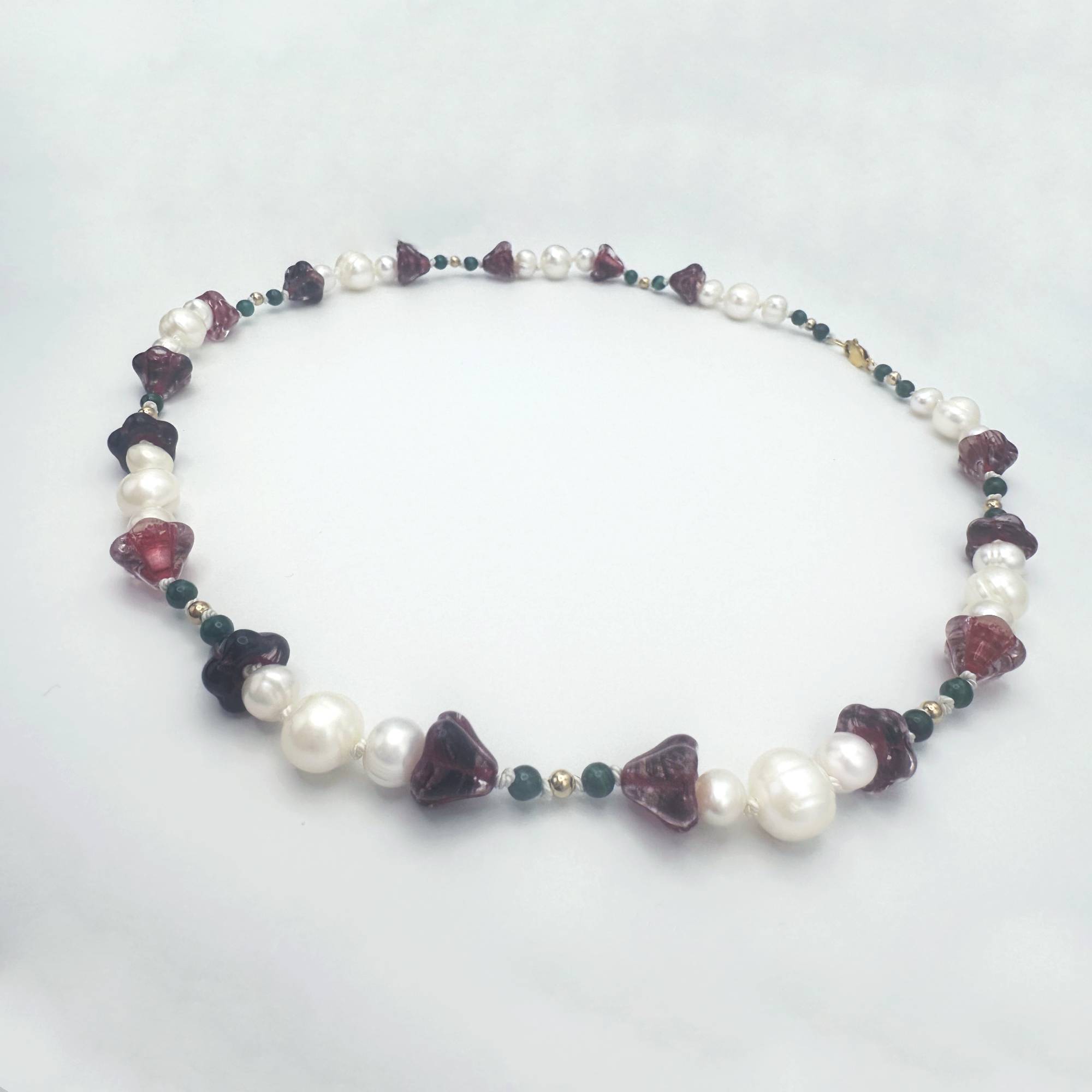 Amaryllis Pearl Necklace with Malachite and Gold Filled Beads