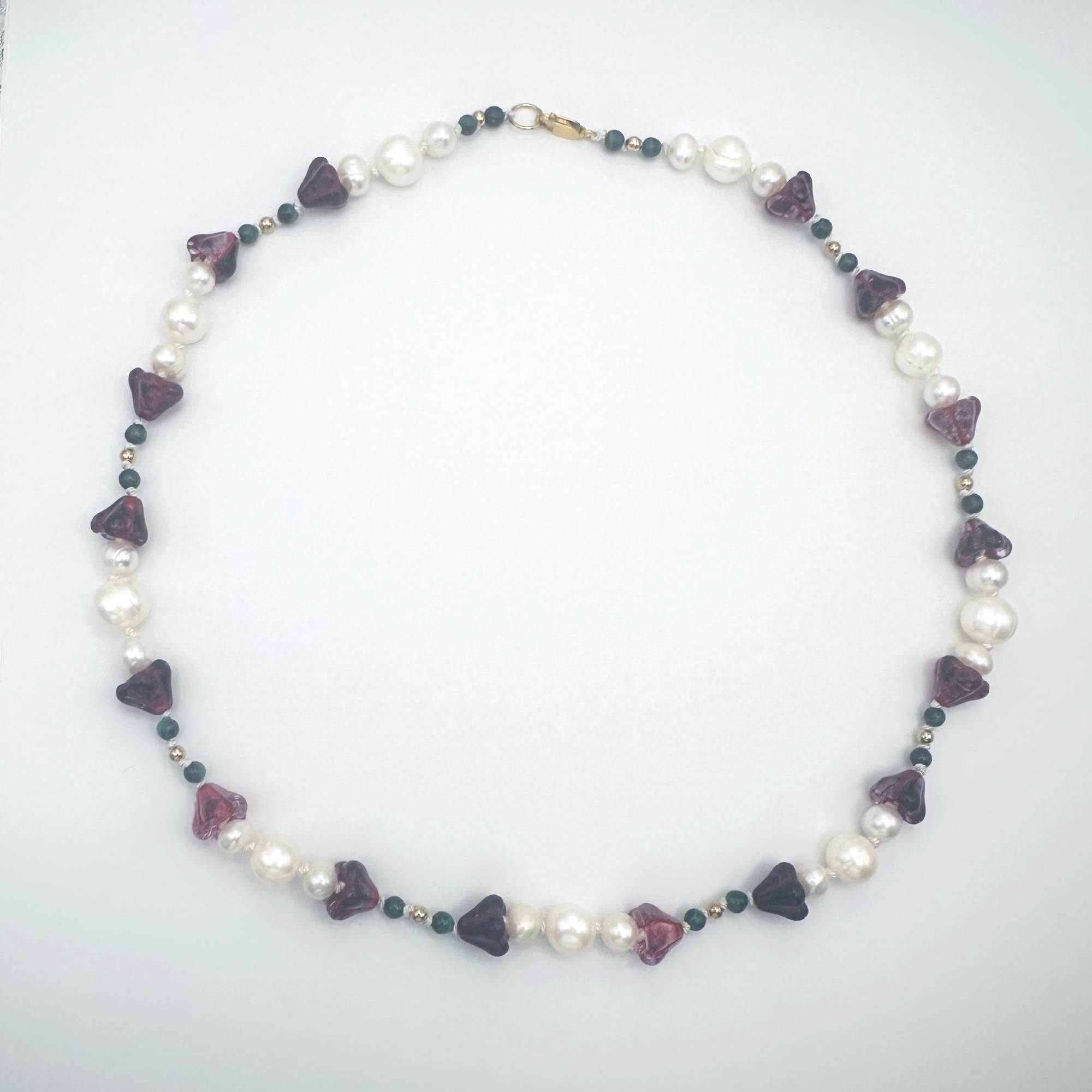 Amaryllis Pearl Necklace with Malachite and Gold Filled Beads