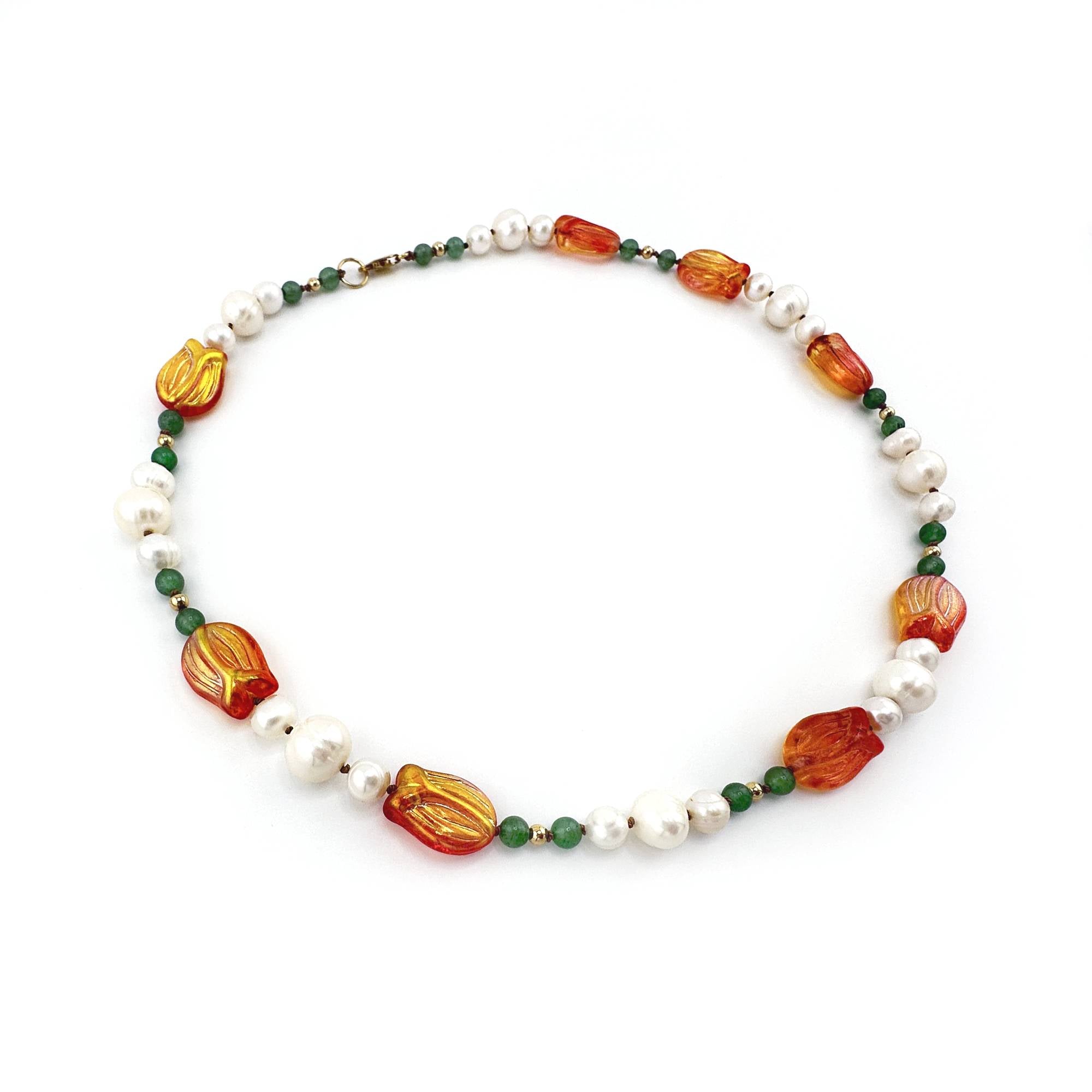 Tulip Pearl Necklace with Aventurine and Gold Filled Beads