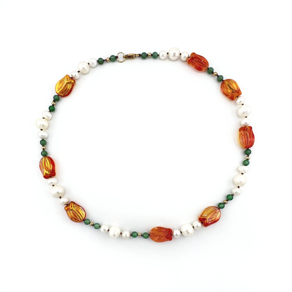 Tulip Pearl Necklace with Aventurine and Gold Filled Beads