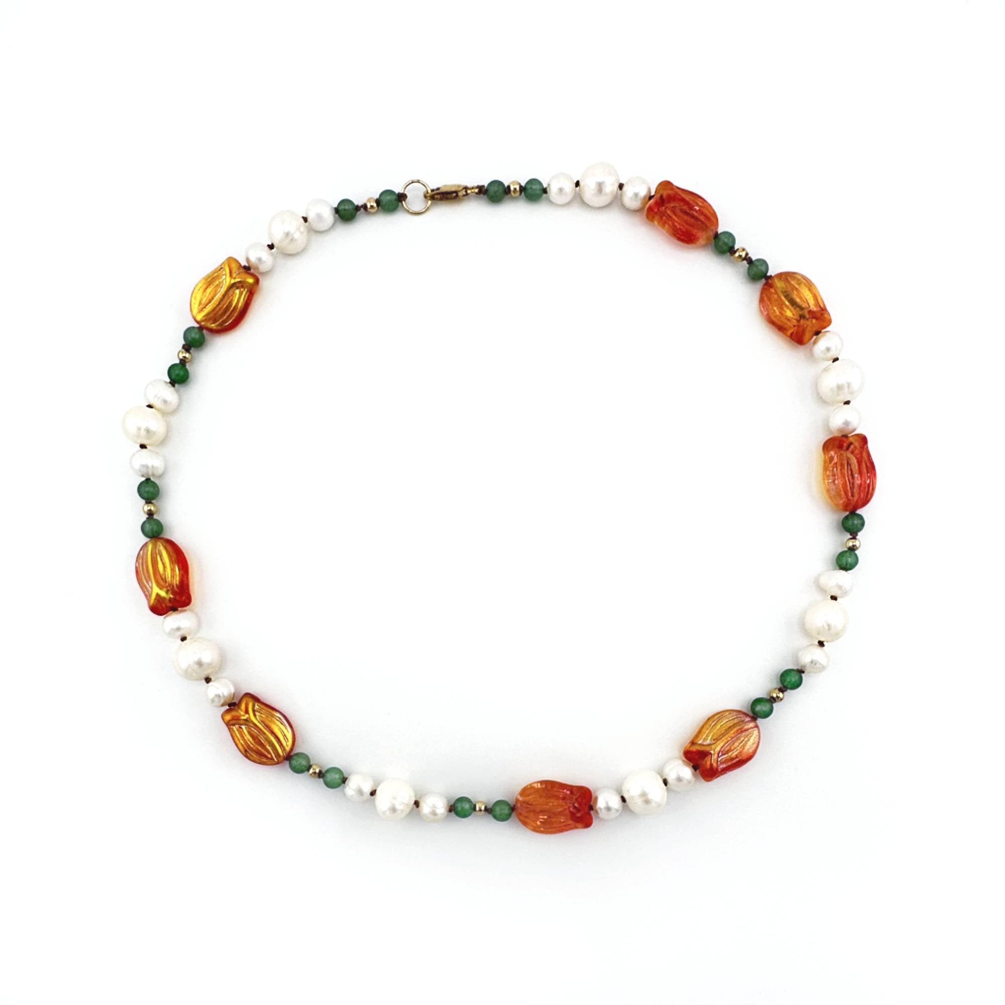 Tulip Pearl Necklace with Aventurine and Gold Filled Beads